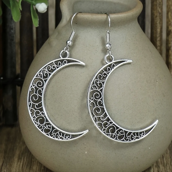 Boho Moon & Feather Hoop Earrings,Antique Silver Tone,3 Pairs Earrings Set - Picture 3 of 5